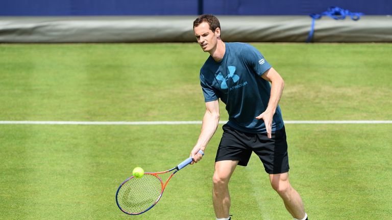 LONDON, ENGLAND - JUNE 15: Andy Murray of Great Britain hits a forehand in practice during preview Day 3 of the Fever-Tree Championships at Queens Club on June 15, 2018 in London, United Kingdom. (Photo by Patrik Lundin/Getty Images for LTA)