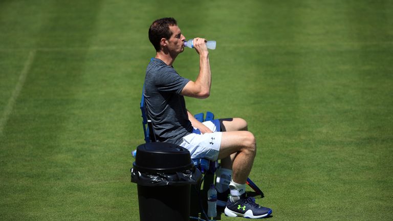 Andy Murray of Great Britain takes a break during a practice session on Day 1 of the Fever-Tree Championships at Queens Club on June 18, 2018 in London, United Kingdom
