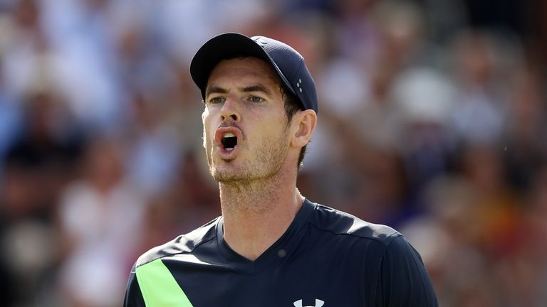 Andy Murray of Great Britain reacts during his match against Nick Kyrgios of Australia on Day Two of the Fever-Tree Championships at Queens Club on June 19, 2018 in London, United Kingdom.