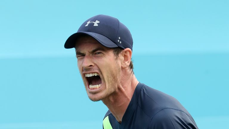 Andy Murray of Great Britain celebrates winning a point during his match against Nick Kyrgios of Australia on Day Two of the Fever-Tree Championships at Queens Club on June 19, 2018 in London, United Kingdom.