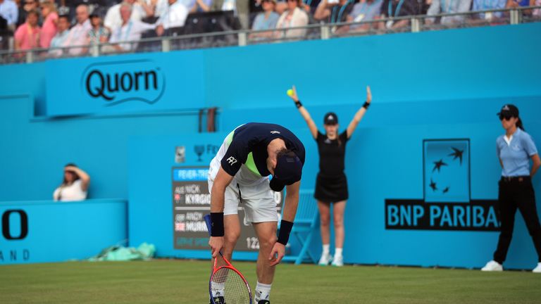 Andy Murray of Great Britain reacts during his defeat to Nick Kyrgios of Australia during Day 2 of the Fever-Tree Championships at Queens Club on June 19, 2018 in London, United Kingdom. 