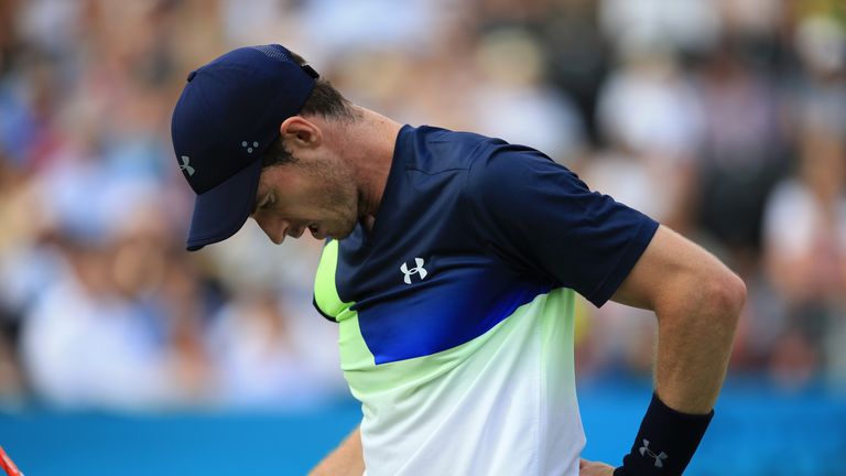 Andy Murray of Great Britain reacts during Day 2 of the Fever-Tree Championships at Queens Club on June 19, 2018 in London, United Kingdom