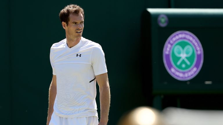 Andy Murray of Great Britain practices on court during training for the Wimbledon Lawn Tennis Championships at the All England Lawn Tennis and Croquet Club at Wimbledon on June 30, 2018 in London, England.
