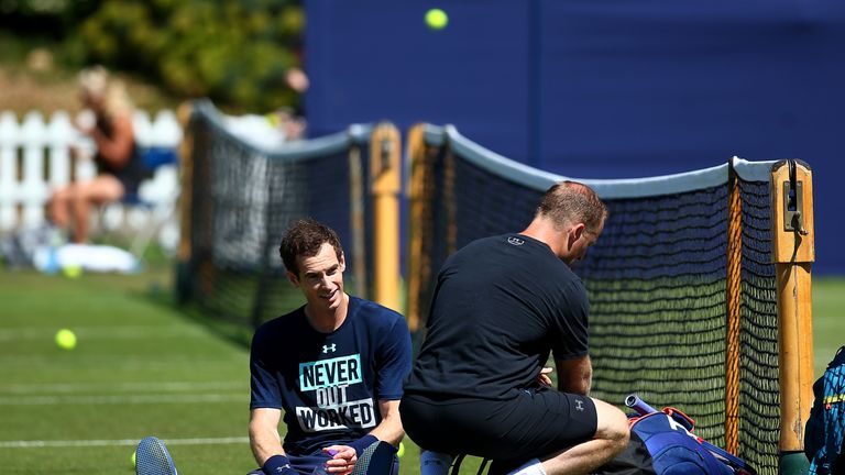 Murray takes a break from training at Eastbourne on Tuesday