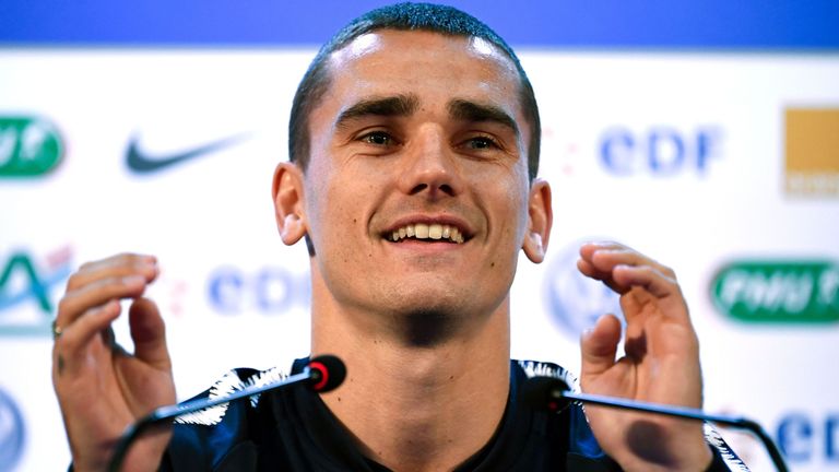 France forward Antoine Griezmann smiles as he speaks during a press conference at the press center in Istra, western Moscow on June 12, 2018, ahead of the Russia 2018 World Cup football tournament