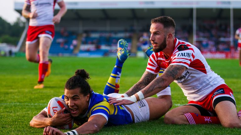 Ashton Golding scores a try for Leeds against Leigh Centurions in the Challenge Cup 