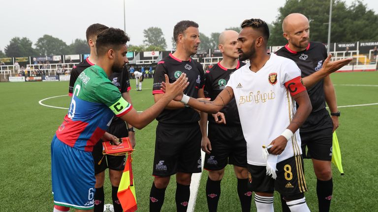 The captains shake hands before the CONIFA World Football Cup 2018 match between Barawa v Tamil Eelam at Bromley on May 31, 2018 in London, England. (Photo by Con Chronis/CONIFA)