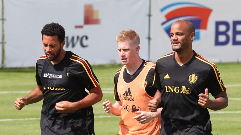 Vincent Kompany and Kevin De Bruyne take part in Belgium training