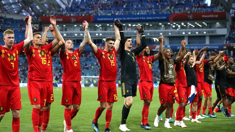 Belgium's players celebrate the 3-0, Group G victory over Panama