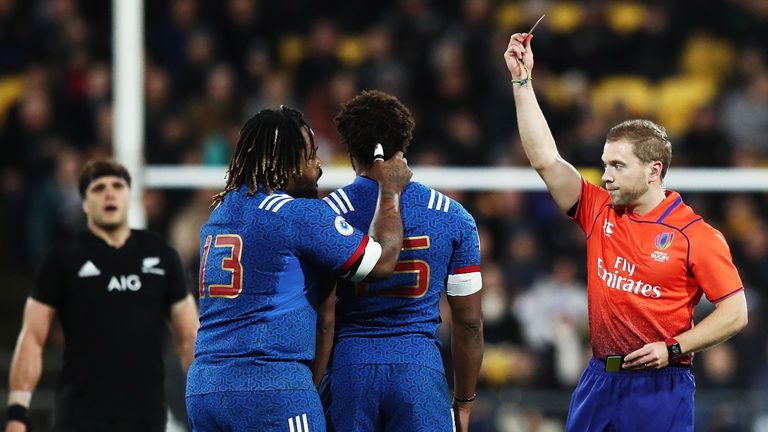 Benjamin Fall of France receives a red card against New Zealand
