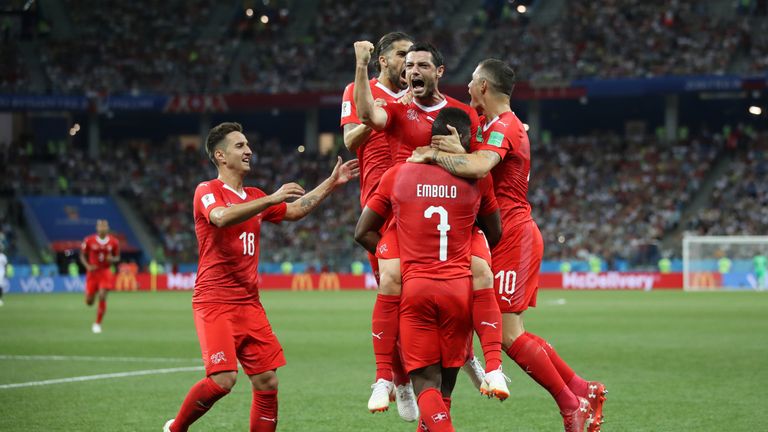 Blerim Dzemaili of Switzerland celebrates with teammates after scoring his team's first goal during the 2018 FIFA World Cup Russia group E match between Switzerland and Costa Rica at Nizhny Novgorod Stadium on June 27, 2018 in Nizhny Novgorod,