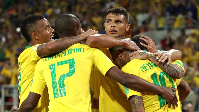 Thiago Silva celebrates with his Brazil team-mates 
