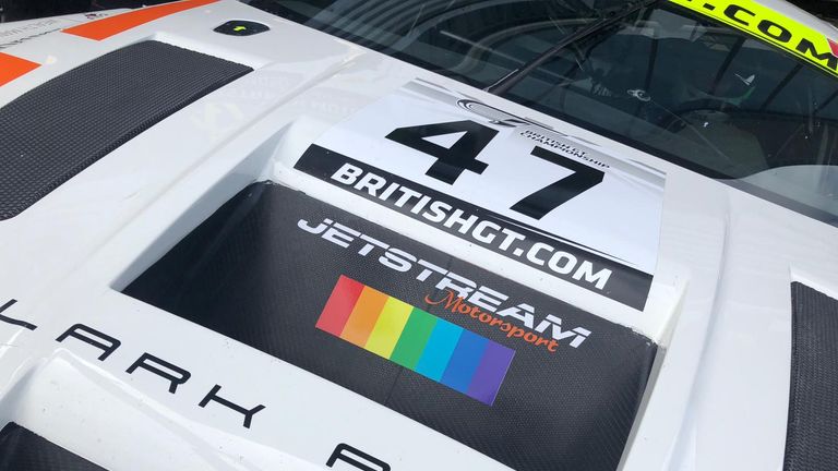 Pride sticker on at Ginetta car at Silverstone, British GT Championship