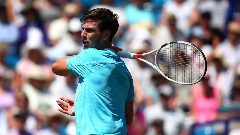 Cameron Norrie of Great Britain in action during his mens singles quarter final match against Lukas Lack of Slovakia during Day Seven of the Nature Valley International at Devonshire Park on June 28, 2018 in Eastbourne, United Kingdom.