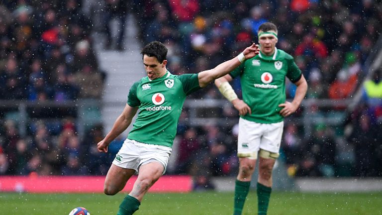 London , United Kingdom - 17 March 2018; Joey Carbery of Ireland kicks a penalty during the NatWest Six Nations Rugby Championship match between England and Ireland at Twickenham Stadium in London, England. (Photo By Ramsey Cardy/Sportsfile via Getty Images)