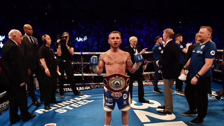 BELFAST, NORTHERN IRELAND - APRIL 21: Carl Frampton celebrates after defeating Nonito Donaire following their WBO Interim World Featherweight championship bout at SSE Arena Belfast on April 21, 2018 in Belfast, Northern Ireland. (Photo by Charles McQuillan/Getty Images)