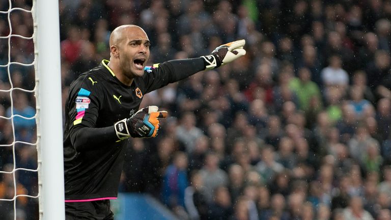 Birmingham, ENGLAND- October 15: Carl Ikeme of Wolverhampton Wanderers in action during the Sky Bet Championship match between Aston Villa and Wolverhampton Wanderers at Villa Park on October 15, 2016 in Birmingham, England (Photo by Nathan Stirk/Getty Images)..                 
