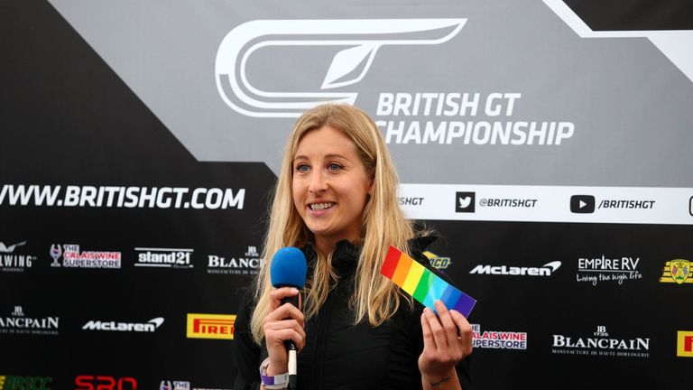 Racing driver Charlie Martin with a Pride sticker at the British GT Championship, 9 June 2018