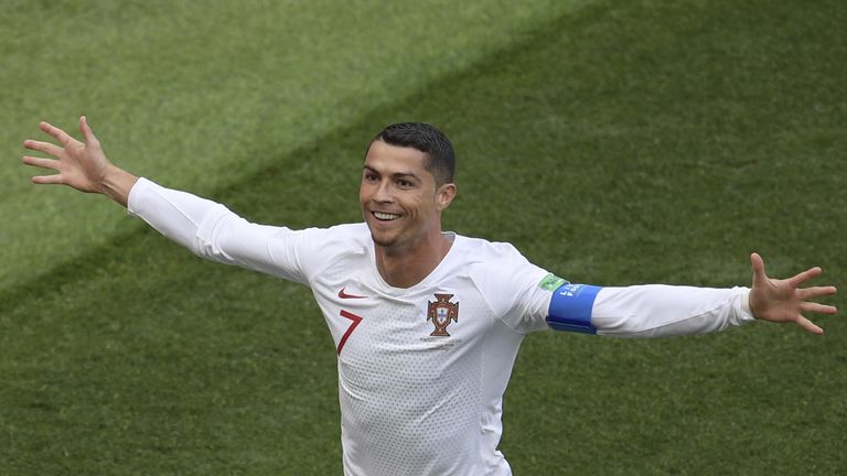 Christino Ronaldo celebrates his goal against Morocco in the World Cup.