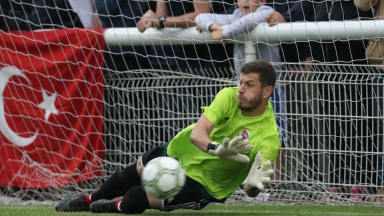 Karpatalya goalkeeper Bela Fejer makes a save during the penalty shootout in the CONIFA World Football Cup final against Northern Cyprus at Enfield (Con Chronis/CONIFA)