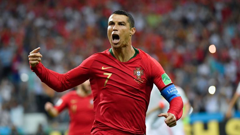 Portugal forward Cristiano Ronaldo celebrates a goal after shooting a penalty kick during the Russia 2018 World Cup Group B football match between Portugal and Spain at the Fisht Stadium in Sochi on June 15, 2018.