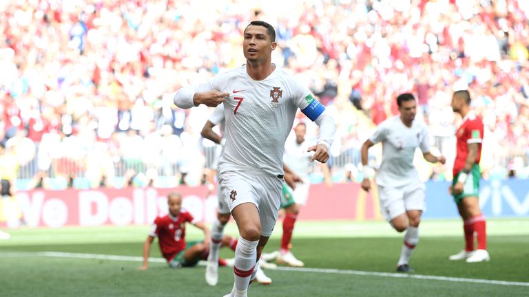 Cristiano Ronaldo celebrates his opener against Morocco at Luzhniki Stadium on June 20, 2018