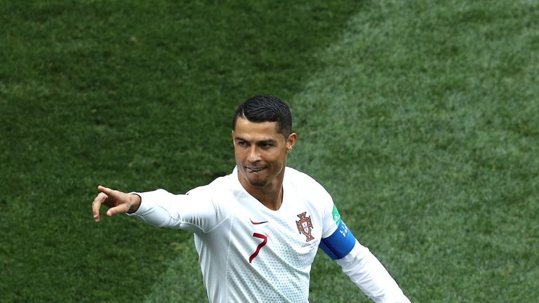 Cristiano Ronaldo celebrates his opener against Morocco at Luzhniki Stadium on June 20, 2018