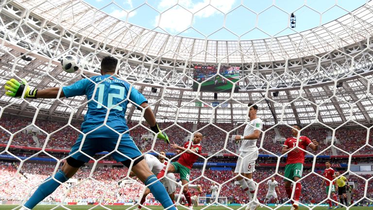 Cristiano Ronaldo heads home during the 2018 FIFA World Cup Russia group B match between Portugal and Morocco at Luzhniki Stadium on June 20, 2018 in Moscow, Russia.