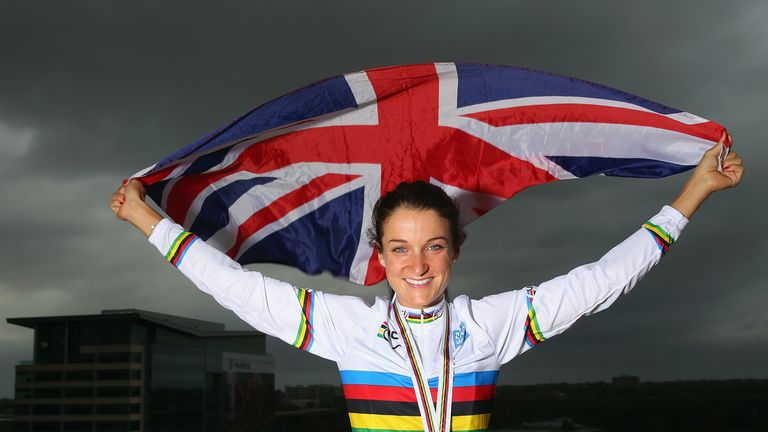 Lizzie Armitstead celebrates after becoming the women's road race world champion