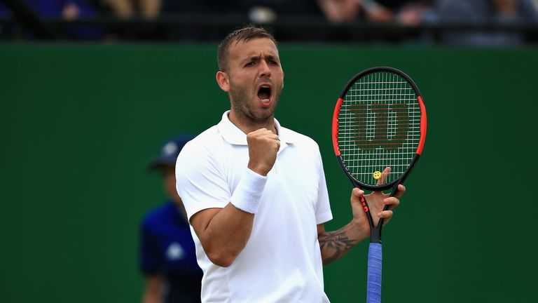 Dan Evans of Great Britain reacts in the Mens Singles Final during Day Nine of the Nature Valley Open at Nottingham Tennis Centre on June 17, 2018 in Nottingham, United Kingdom