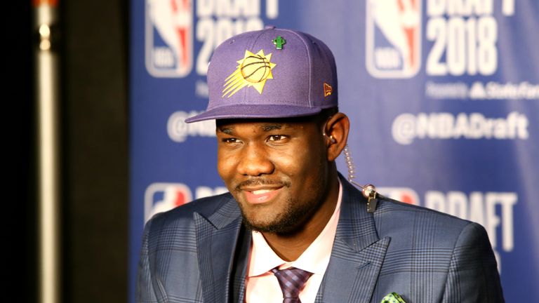 BROOKLYN, NY - JUNE 21: Deandre Ayton speaks to the media after being selected first overall by the Phoenix Suns at the 2018 NBA Draft on June 21, 2018 at the Barclays Center in Brooklyn, New York. NOTE TO USER: User expressly acknowledges and agrees that, by downloading and/or using this photograph, user is consenting to the terms and conditions of the Getty Images License Agreement. Mandatory Copyright Notice: Copyright 2018 NBAE (Photo by Jon Lopez/NBAE via Getty Images)