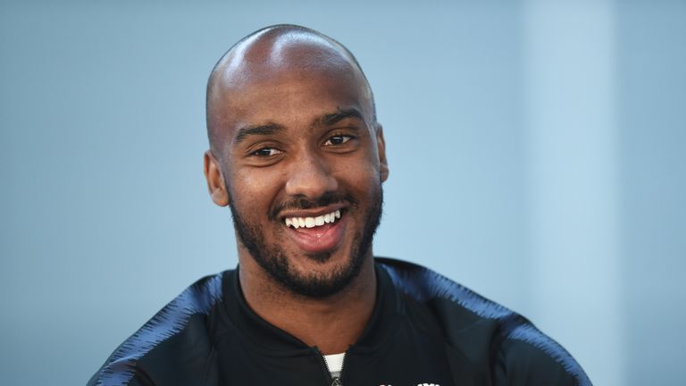 BURTON-UPON-TRENT, ENGLAND - MAY 22: Fabian Delph talks to the press after an England training session at St Georges Park on May 22, 2018 in Burton-upon-Trent, England. (Photo by Nathan Stirk/Getty Images)