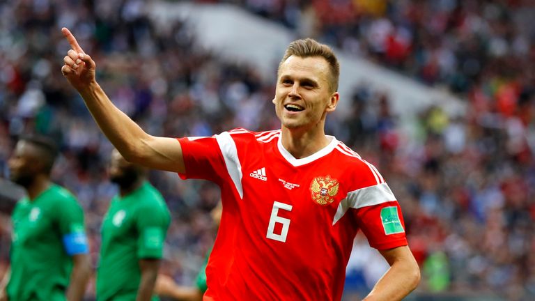 Denis Cheryshev celebrates scoring Russia's fourth in the 5-0 win over Saudi Arabia