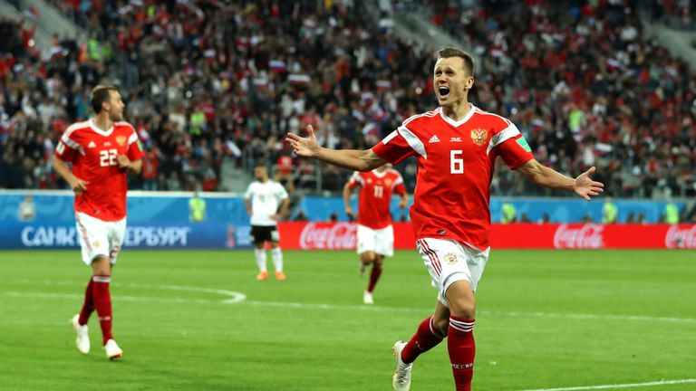 Denis Cheryshev celebrates his goal against Egypt