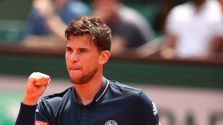 Dominic Thiem of Austria celebrates during the mens singles semi-final match against Marco Cecchinato of Italy during day thirteen of the 2018 French Open at Roland Garros on June 8, 2018 in Paris, France. 
