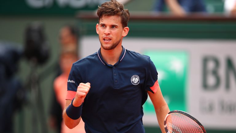 Dominic Thiem of Austria celebrates during the mens singles semi-final match against Marco Cecchinato of Italy during day thirteen of the 2018 French Open at Roland Garros on June 8, 2018 in Paris, France.