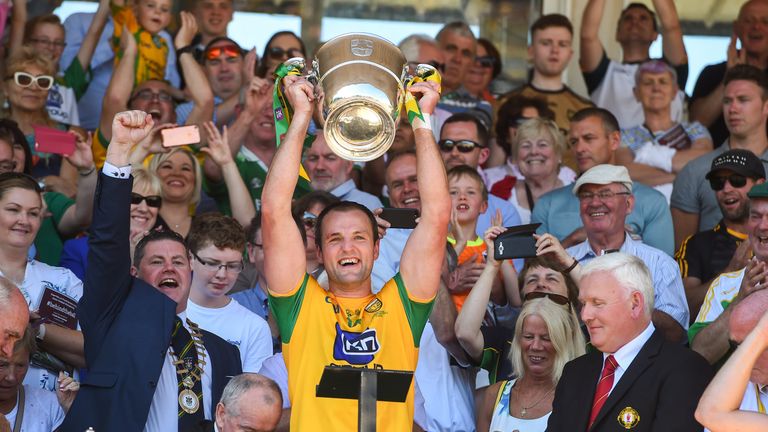 Michael Murphy lifts the Anglo-Celt Cup