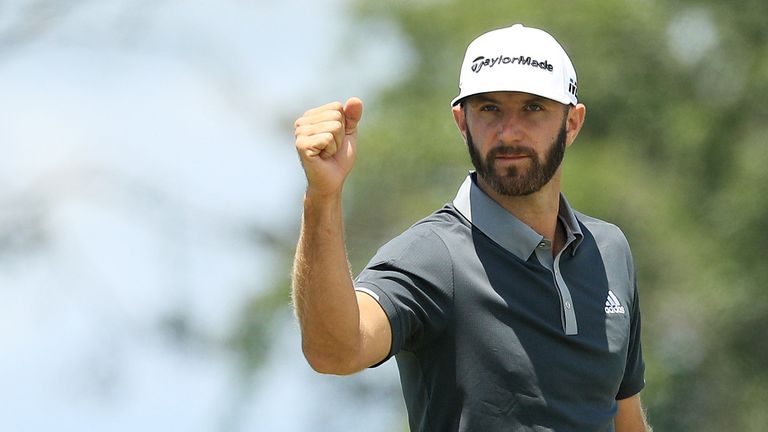 Dustin Johnson of the United States celebrates after making a birdie on the seventh hole during the second round of the 2018 U.S. Open at Shinnecock Hills Golf Club on June 15, 2018 in Southampton, New York