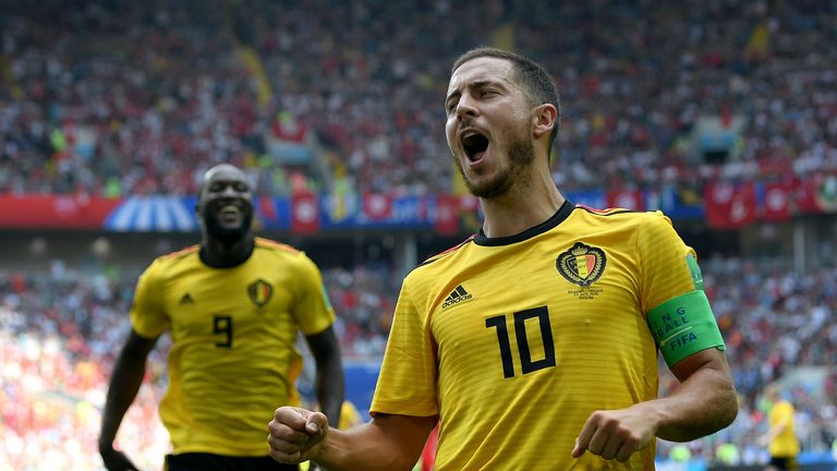 Eden Hazard celebrates his second and Belgium&#39;s fourth goal