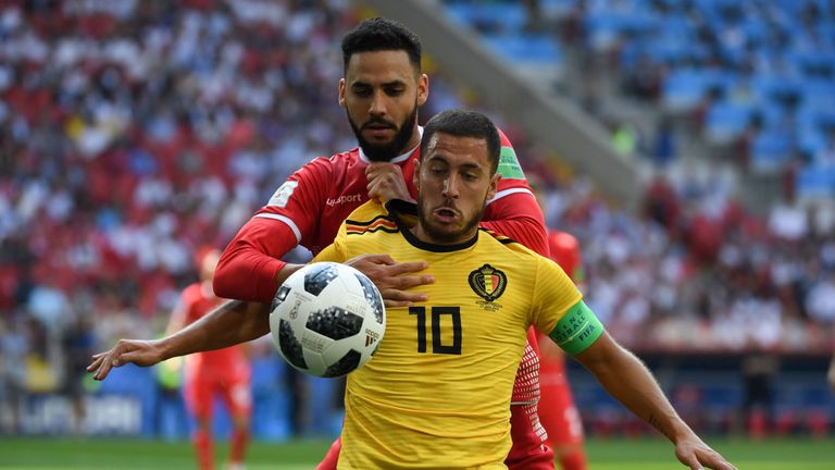 Eden Hazard and Dylan Bronn in action during the group G match in Moscow