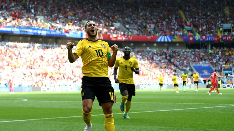 Eden Hazard celebrates his second and Belgium's fourth goal