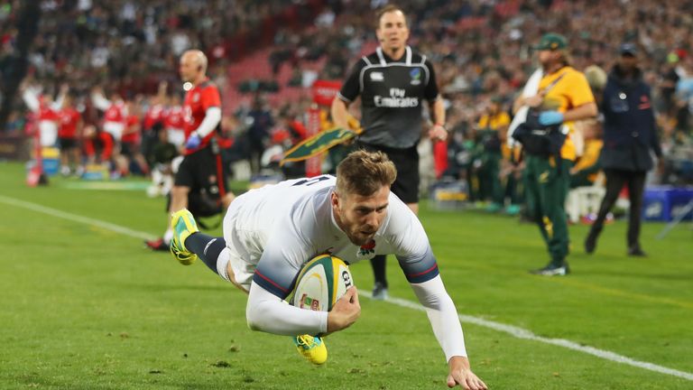 Elliot Daly of England scores their second try during the first Test between and South Africa and England at Ellis Park on June 9