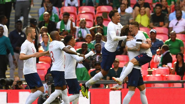 England players celebrate after taking the lead against Nigeria at Wembley.