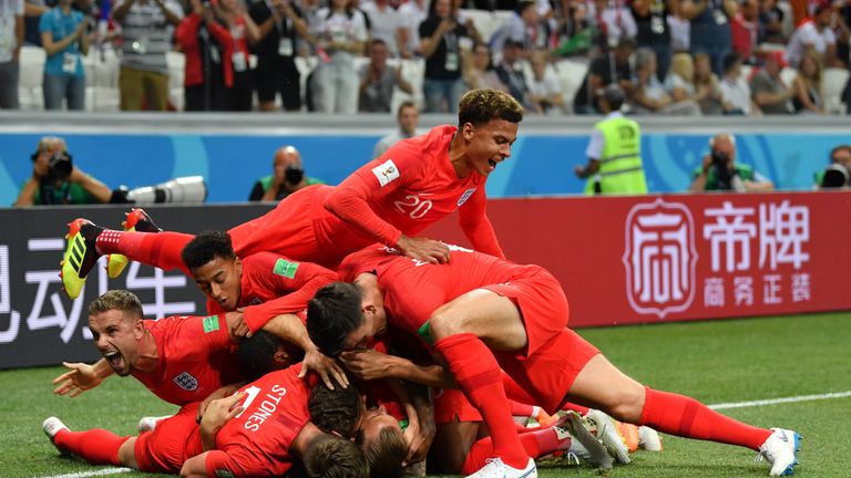England players celebrate after taking the lead against Tunisia in Volgograd