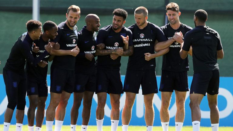 England players during the training session at Kaliningrad's Spartak Zelenogorsk Stadium, ahead of the World Cup match v Belgium