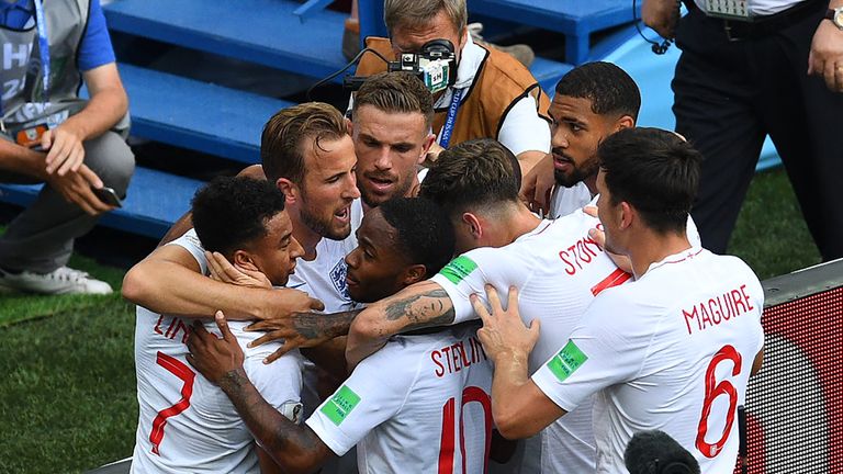 England celebrate taking a five goal lead in Nizhny Novgorod