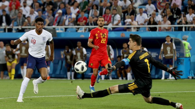 Marcus Rashford fires wide during England's World Cup defeat to Belgium