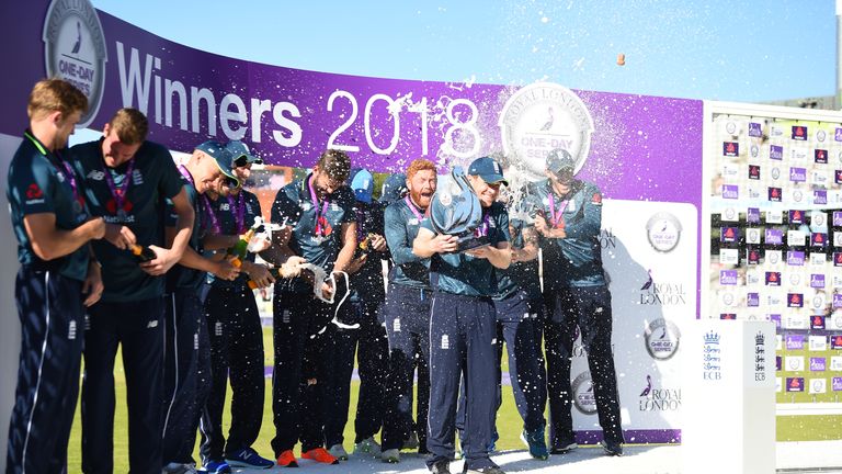 England celebrate their 5-0 ODI series whitewash win over Australia