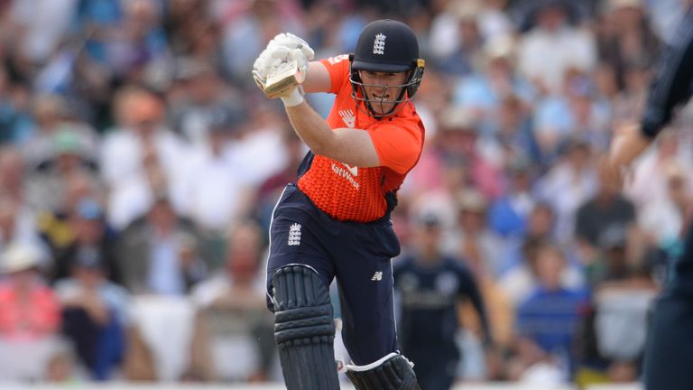 EDINBURGH, SCOTLAND - JUNE 10 : Eoin Morgan of England hits out during the One-Day International match  between Scotland and England at Grange cricket club ground on June 10, 2018 in Edinburgh, Scotland. (Photo by Philip Brown/Getty Images) *** Local Caption *** Eoin Morgan