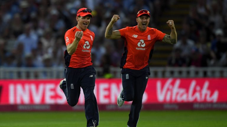 Eoin Morgan and Jason Roy during the Vitality International T20 between England and Australia at Edgbaston on June 27, 2018 in Birmingham, England.